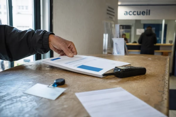 Main tenant un dossier institutionnel et un badge générique dans un espace public français lumineux