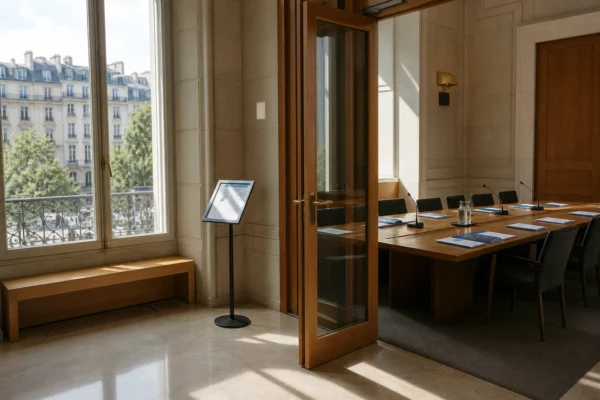 Hall clair d’une institution publique française avec salle d’audition, dossiers et micros évoquant le débat sur la dette BCE