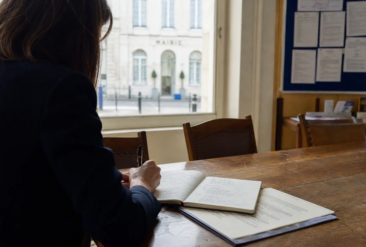 Collaborateur municipal prenant des notes dans une mairie française avant un débat européen