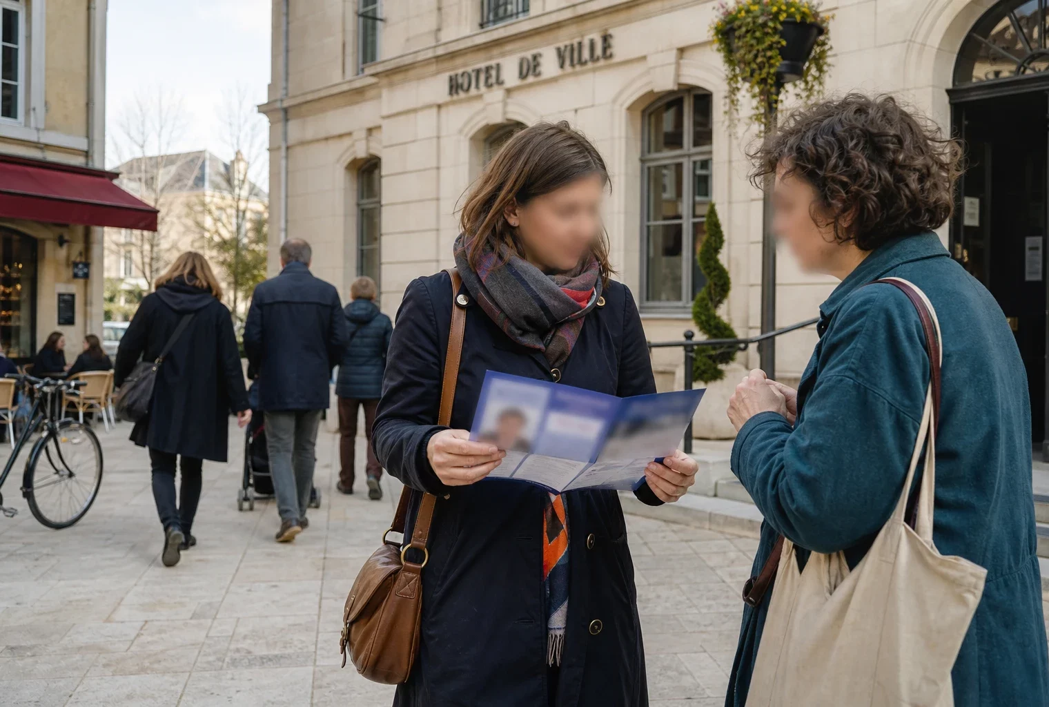Deux citoyens discutent devant un bâtiment municipal français, avec un tract électoral flou à l’approche de 2027.