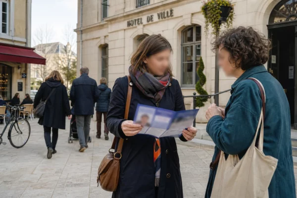 Deux citoyens discutent devant un bâtiment municipal français, avec un tract électoral flou à l’approche de 2027.