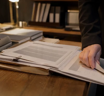 Dossier papier et feuillets anonymes sur une table d’avocat, une main tourne une page dans une lumière chaude de soirée.