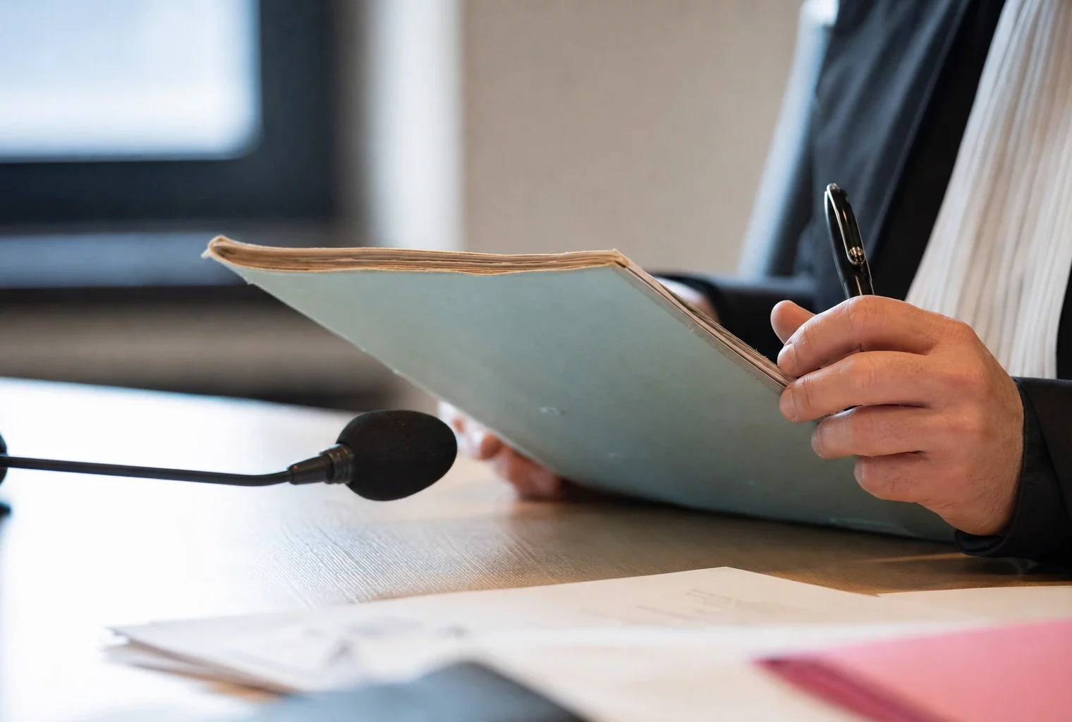 Mains anonymes tenant un dossier lors d’une audition, avec micro de commission et documents flous sur une table en bois
