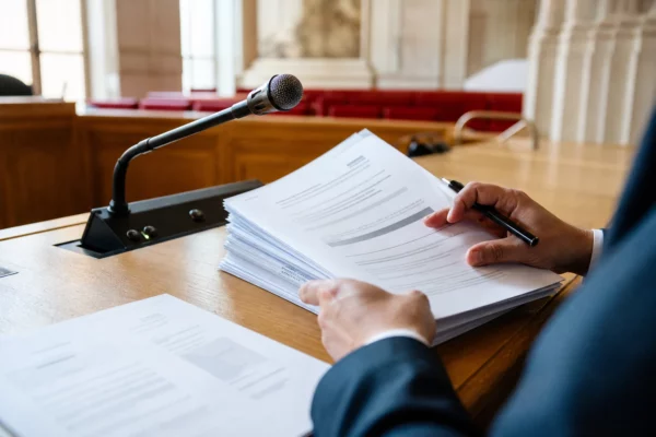 Mains anonymes feuilletant un dossier d’audition près d’un micro dans une institution publique française