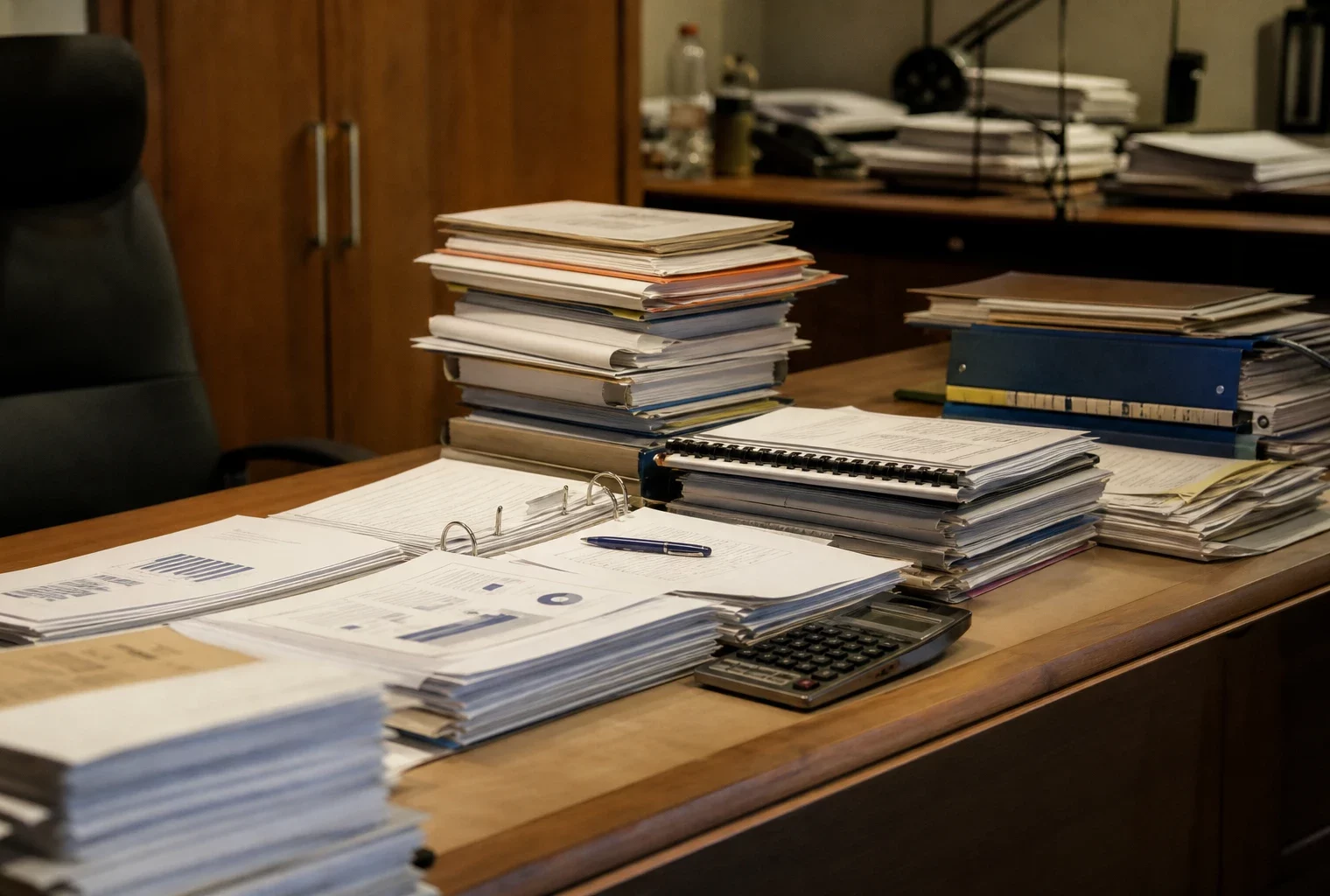 Dossiers budgétaires, feuilles imprimées et calculatrice sur un bureau ministériel