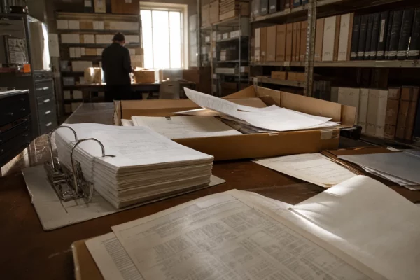 Chemises cartonnées ouvertes et feuilles imprimées dans une salle d’archives, avec rayonnages de dossiers en arrière-plan.