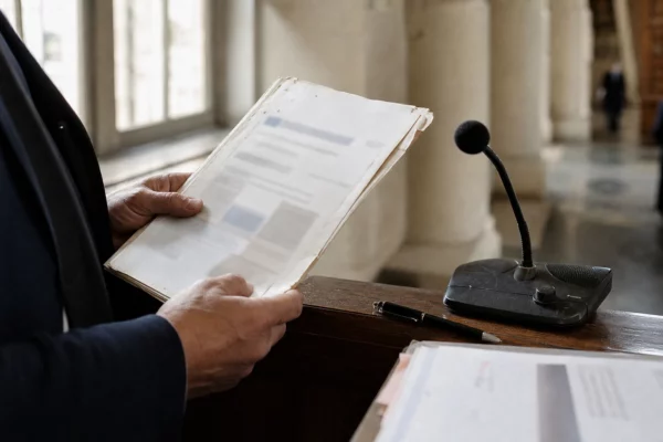 Mains anonymes tenant un dossier de nomination près d’un micro de commission dans un couloir institutionnel français