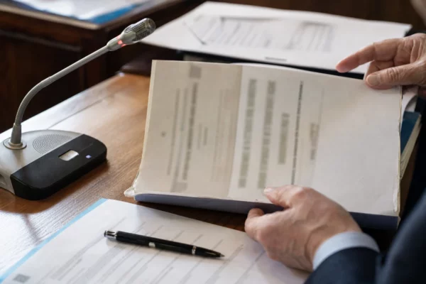 Mains anonymes tenant un dossier de nomination près d’un micro de commission dans une salle parlementaire française