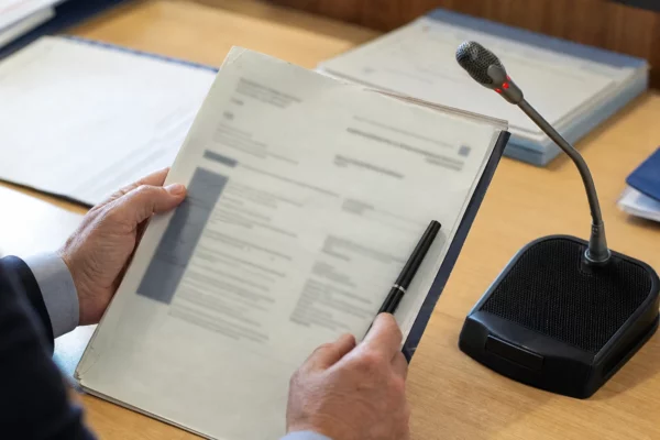 Mains anonymes tenant un dossier de parrainage près d’un micro de commission dans une salle institutionnelle française