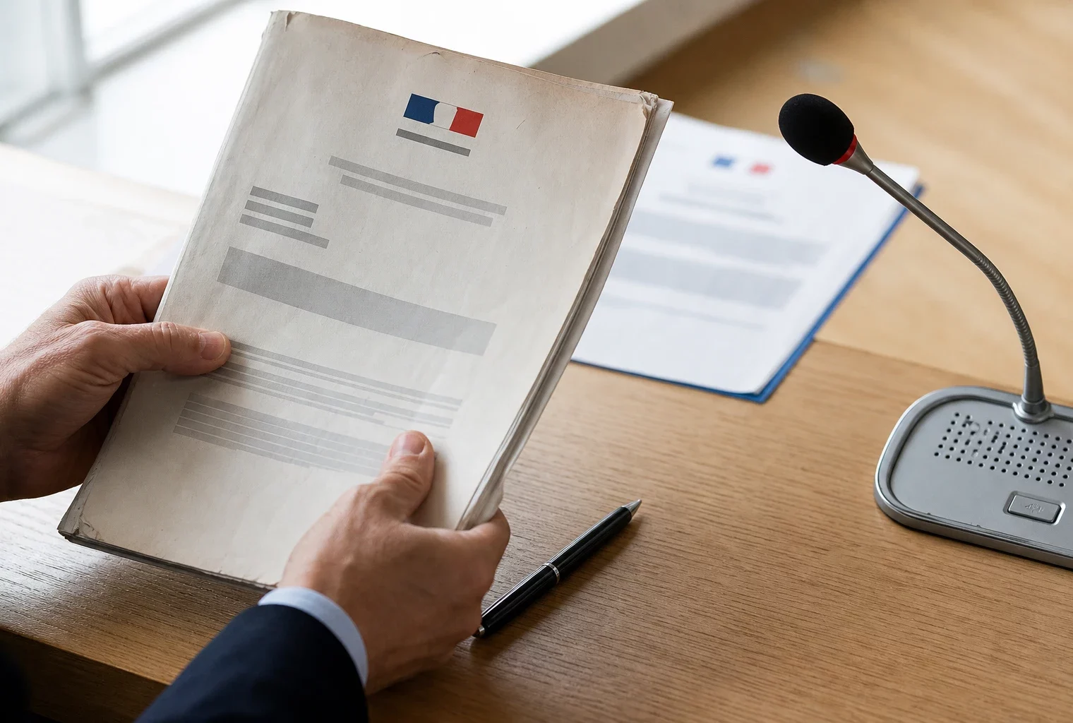 Mains anonymes tenant un dossier d’audition près d’un micro de commission, sur une table éclairée par la lumière naturelle