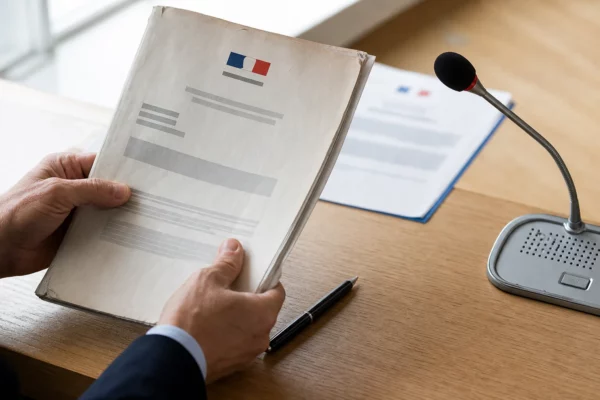 Mains anonymes tenant un dossier d’audition près d’un micro de commission, sur une table éclairée par la lumière naturelle