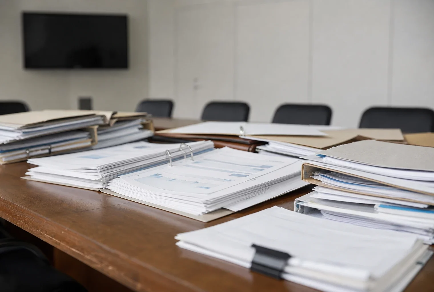 Dossiers budgétaires empilés sur une table de réunion à Matignon, avec chemises ouvertes et fond administratif neutre.