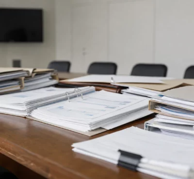 Dossiers budgétaires empilés sur une table de réunion à Matignon, avec chemises ouvertes et fond administratif neutre.