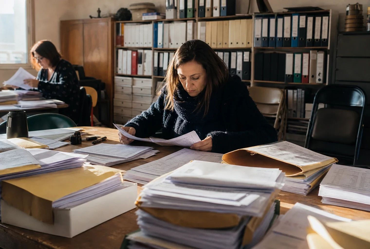 Des dossiers de candidature et de parrainages sont empilés sur une table dans un local de commission de parti.