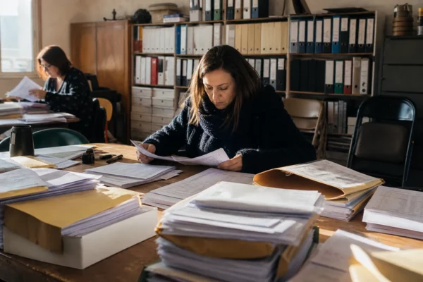 Des dossiers de candidature et de parrainages sont empilés sur une table dans un local de commission de parti.