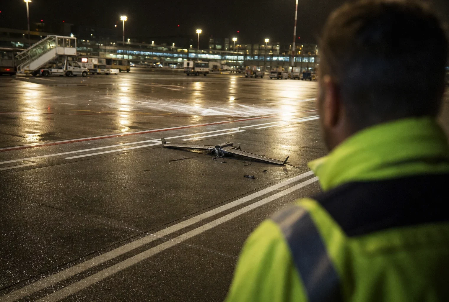 Drone neutralisé sur le tarmac de Leipzig, vu par-dessus l’épaule d’un agent, avec piste et bâtiments techniques en fond.