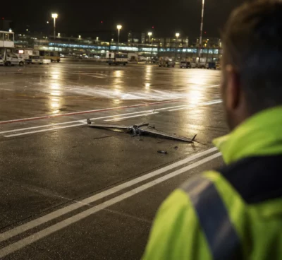 Drone neutralisé sur le tarmac de Leipzig, vu par-dessus l’épaule d’un agent, avec piste et bâtiments techniques en fond.
