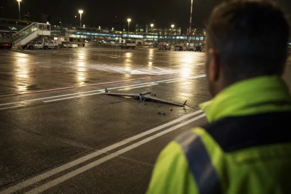 Drone neutralisé sur le tarmac de Leipzig, vu par-dessus l’épaule d’un agent, avec piste et bâtiments techniques en fond.