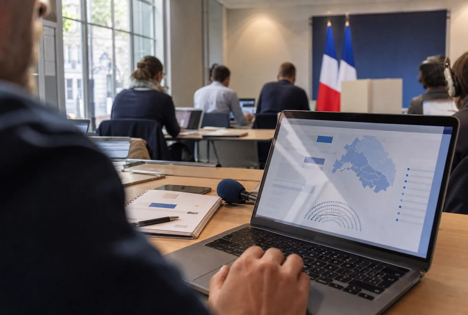 Journaliste face à un écran abstrait sur la présidentielle française et le duel entre deux dirigeants