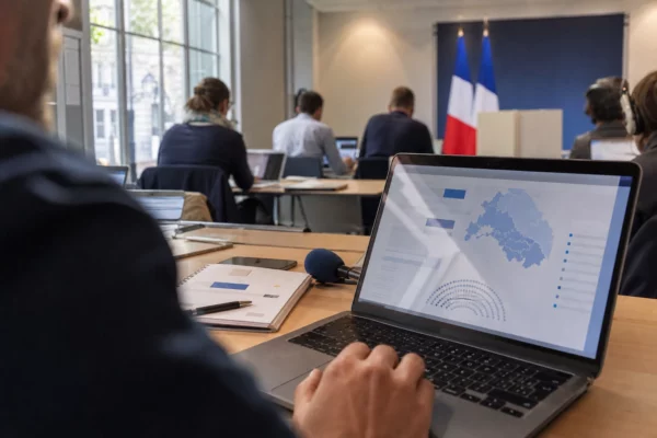 Journaliste face à un écran abstrait sur la présidentielle française et le duel entre deux dirigeants