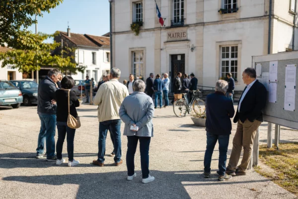 Citoyens anonymes échangeant devant une mairie française, dans une scène claire de vie politique locale