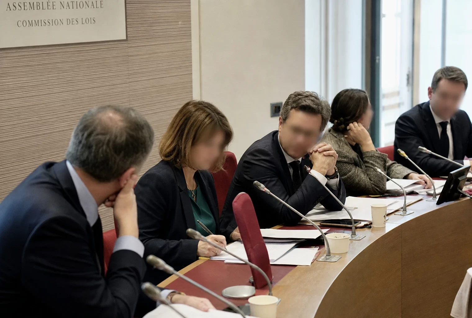 Réunion de commission parlementaire française avec élus anonymes, micros et dossiers, évoquant l’échec présidentiel de Balladur en 1995