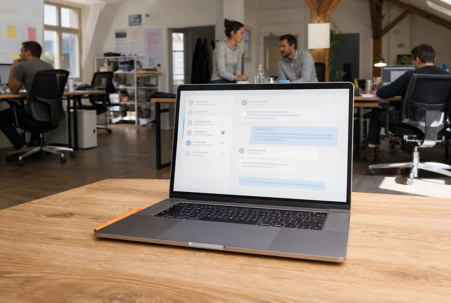 Ordinateur portable ouvert sur une table de bureau, écran de messagerie flouté, dans une permanence de campagne en France.