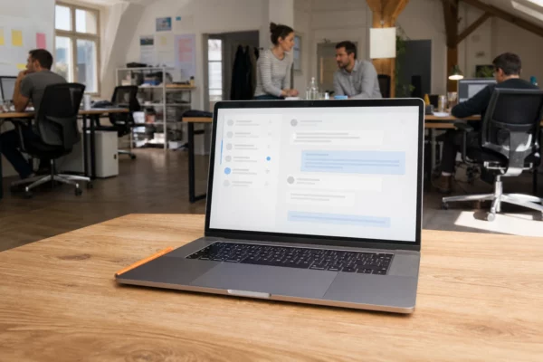 Ordinateur portable ouvert sur une table de bureau, écran de messagerie flouté, dans une permanence de campagne en France.