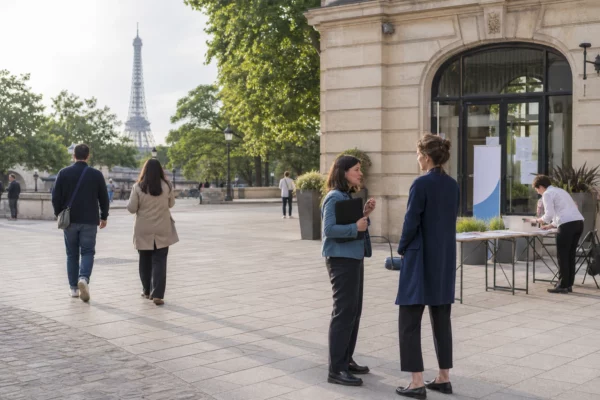 Salariés anonymes échangent sur une place parisienne, avec la tour Eiffel en arrière-plan lors d’un reportage urbain.
