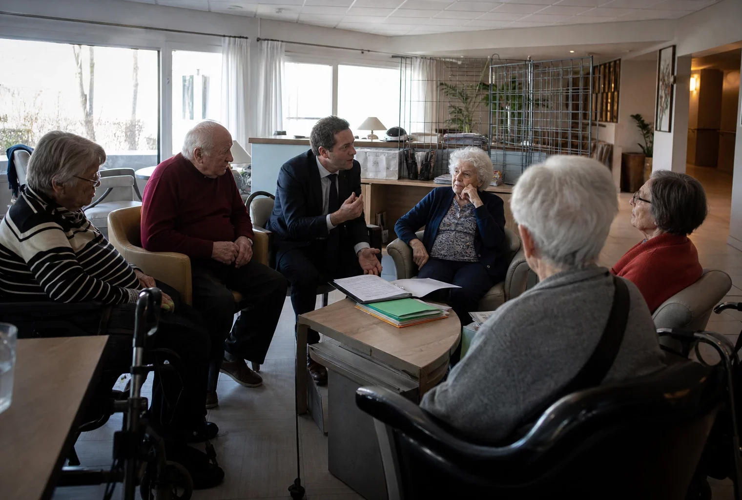 Dans un Ehpad, des résidents échangent avec un candidat à la présidentielle dans une salle commune.