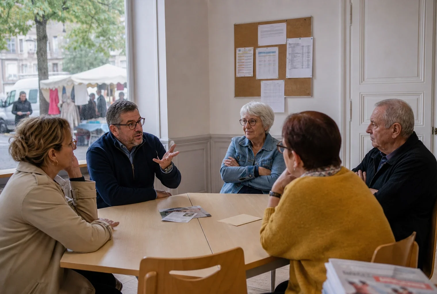 Électeurs français anonymes discutant de politique autour d’une table dans une salle municipale de Moret-sur-Loing