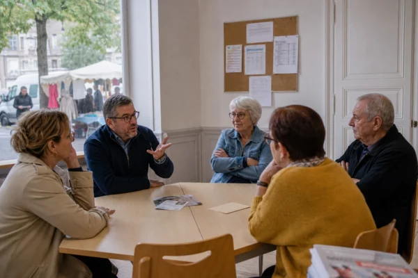Électeurs français anonymes discutant de politique autour d’une table dans une salle municipale de Moret-sur-Loing