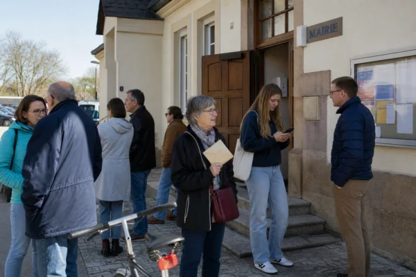 Citoyens anonymes devant une mairie lors d’une élection régionale en Saxe-Anhalt