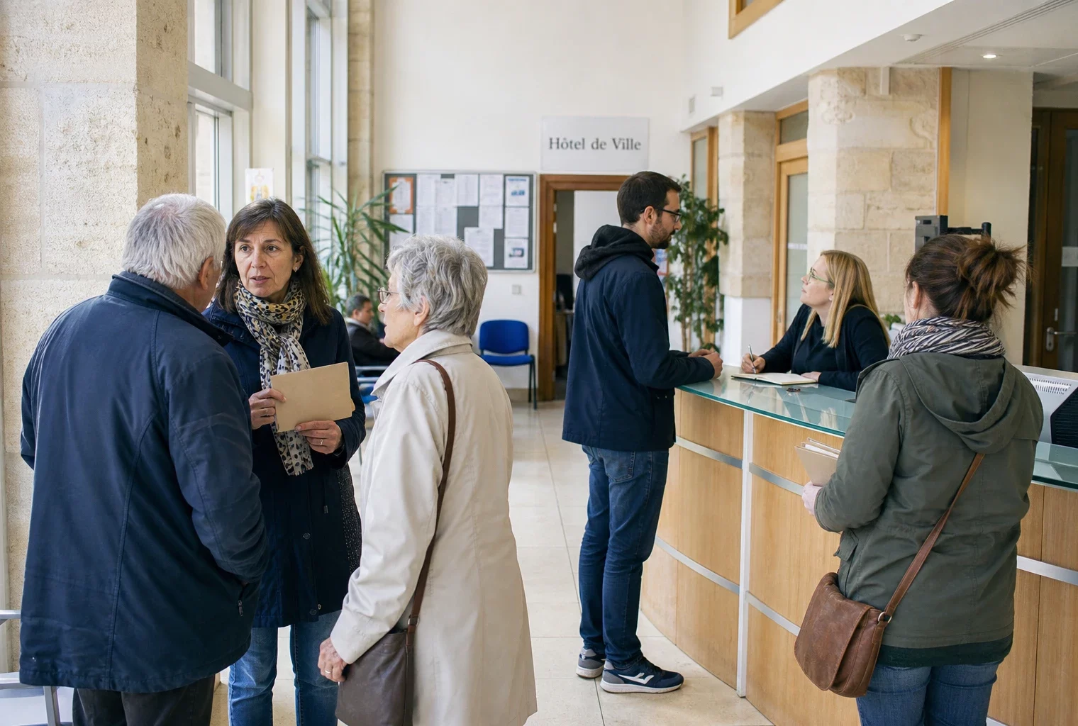 Citoyens anonymes échangeant dans une mairie française autour du vote et des services publics