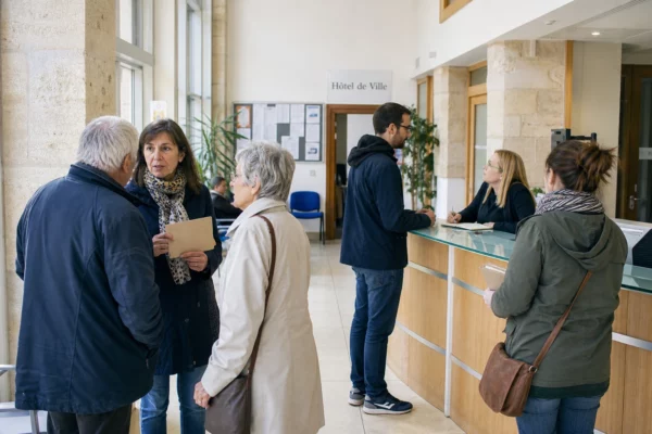 Citoyens anonymes échangeant dans une mairie française autour du vote et des services publics