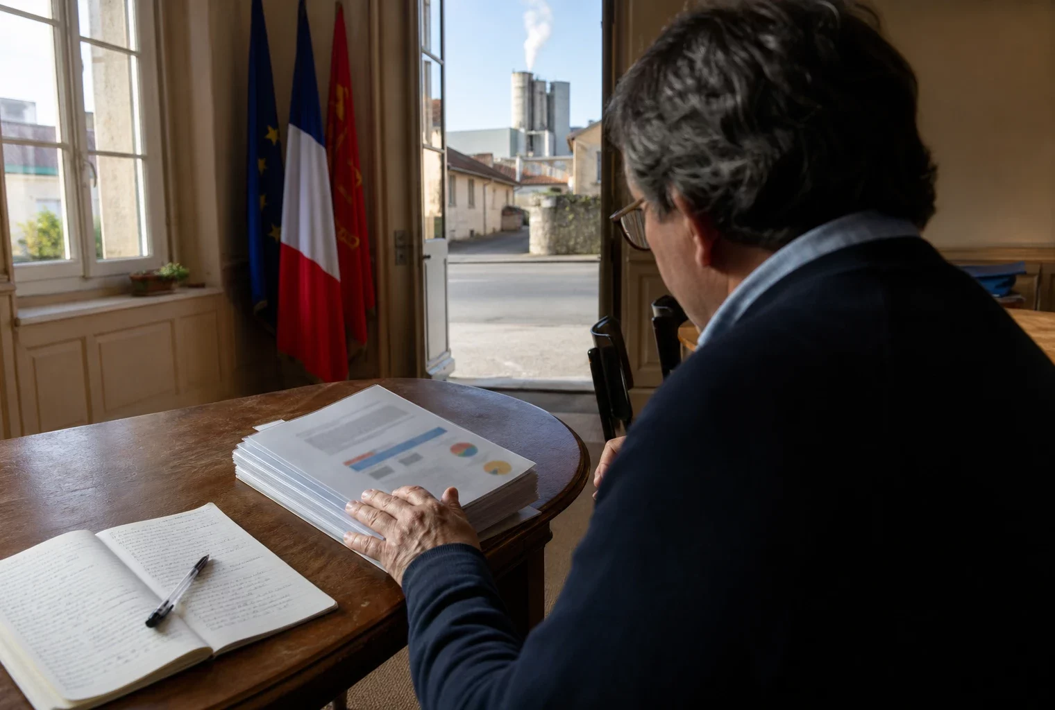 Élu local anonyme consultant un dossier industriel dans une mairie du Comminges, avec une usine en arrière-plan