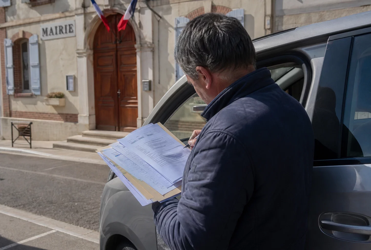 Élu local anonyme consultant un dossier sur les prix du carburant devant une mairie française