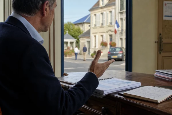 Élu local anonyme consultant un dossier sur les carburants dans une mairie française lumineuse