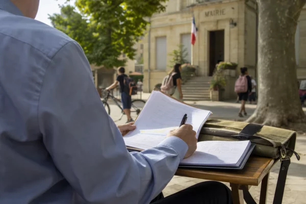 Élu local annotant un dossier scolaire devant une mairie française sous une lumière de fin d’été