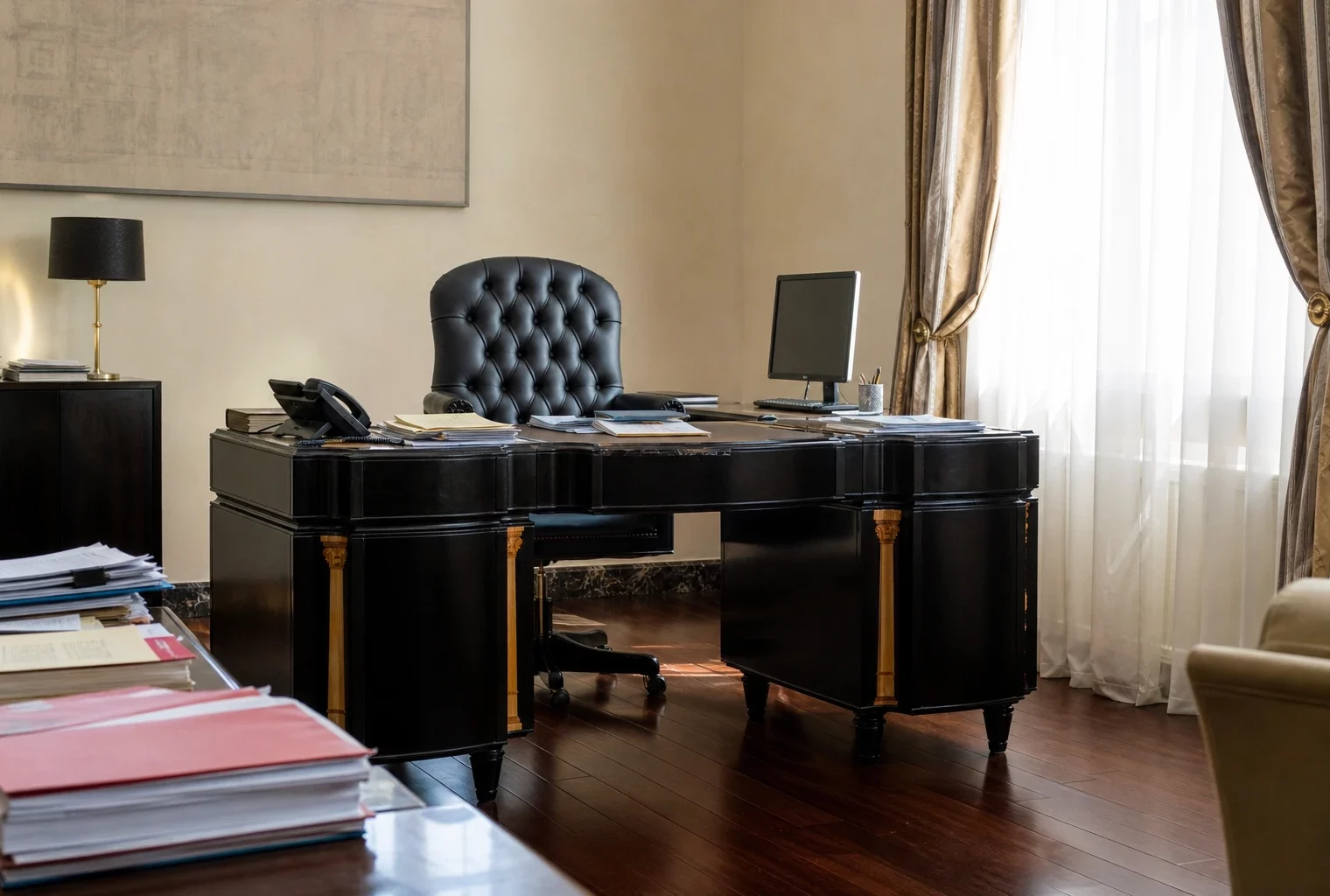 Bureau sobre de l’Élysée avec fauteuil noir, dossiers et téléphone, baigné par une lumière douce de fenêtre.