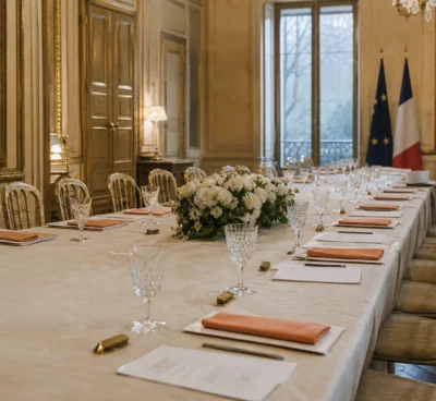 Salon de réception de l’Élysée avec grande table dressée, fauteuils alignés et boiseries sobriaux sous une lumière grise.
