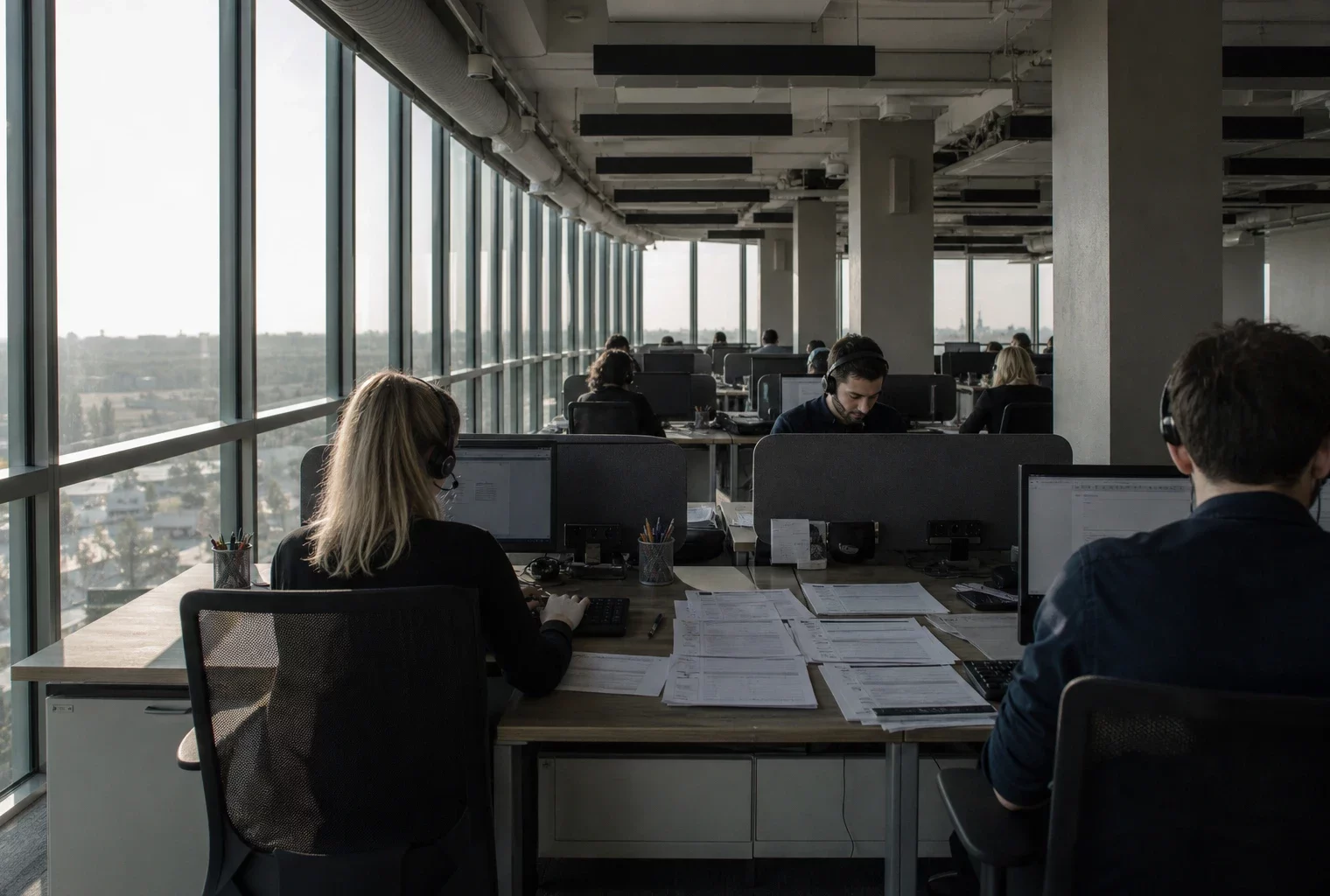Poste d’enquête dans un open space parisien, avec écrans, casques et questionnaires sous un contre-jour dur.