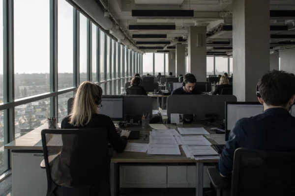 Poste d’enquête dans un open space parisien, avec écrans, casques et questionnaires sous un contre-jour dur.