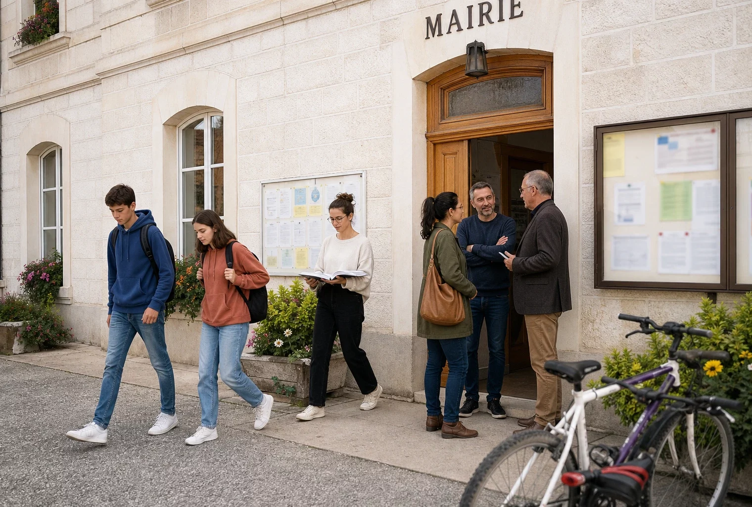 Élèves et habitants échangent devant une mairie française sur l’avenir de l’enseignement bilingue régional
