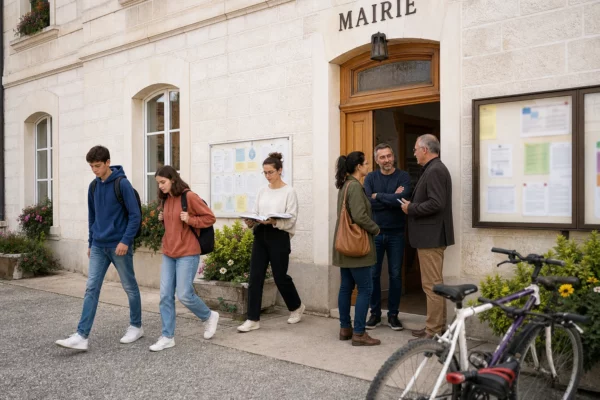 Élèves et habitants échangent devant une mairie française sur l’avenir de l’enseignement bilingue régional