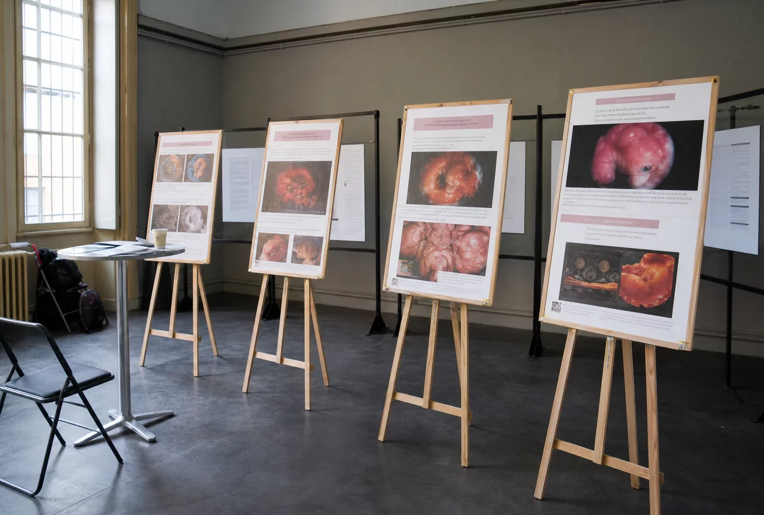 Panneaux d’une exposition anti-IVG dans une salle d’exposition, avec affiches et chevalets