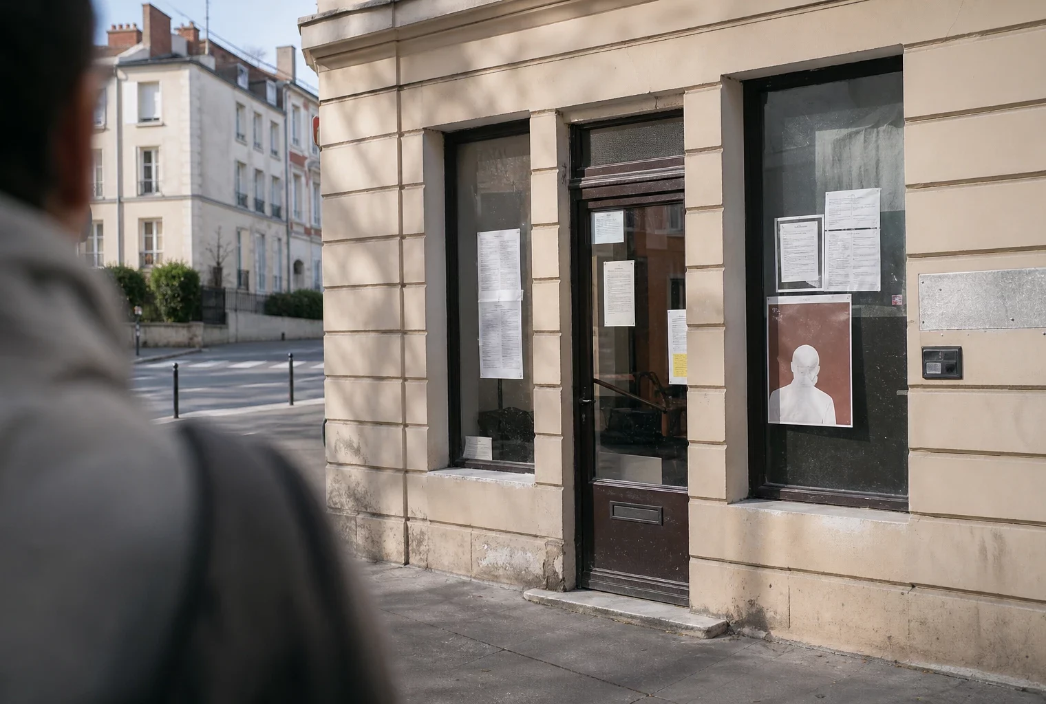 Façade usée d’une permanence politique française, vitrine et porte vitrée, affiches abstraites, rue calme au soleil.