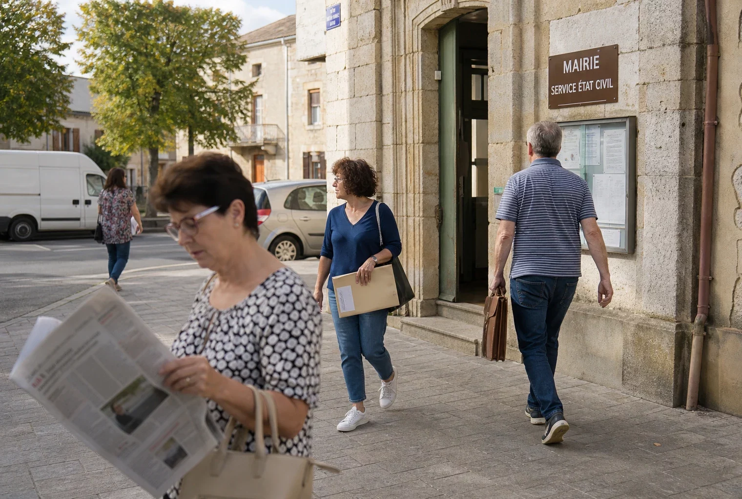 Habitants anonymes devant une mairie française, scène de vie locale liée au débat sur l’aide à l’Ukraine