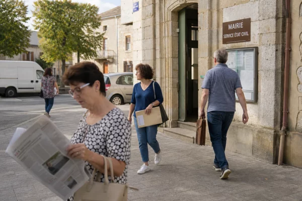 Habitants anonymes devant une mairie française, scène de vie locale liée au débat sur l’aide à l’Ukraine