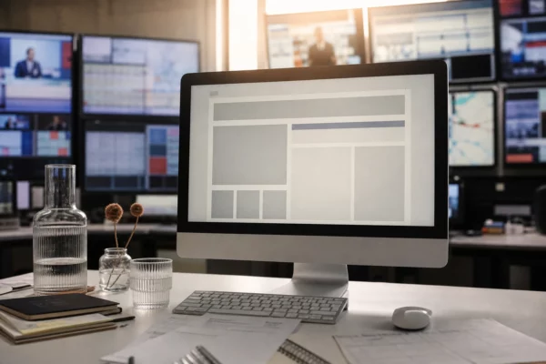 Écran d’ordinateur dans une salle de veille, avec clavier et souris, affichant une fausse page d’accueil de média abstraite.
